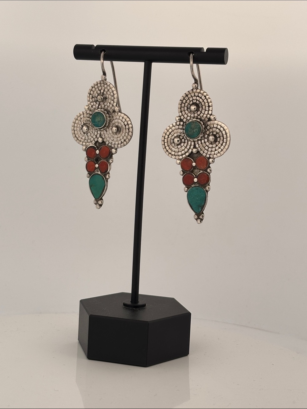 524231 Tibetan Silver Turquoise & Coral Earrings